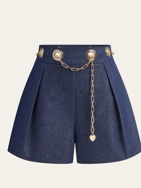 Commense Navy High-Waist Pleated Shorts with Gold Chain Detail